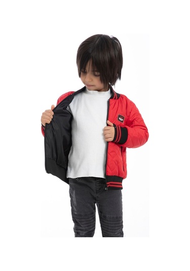 Erkek Çocuk Kırmızı Kolej Yaka Içi Astarlı Su Ve Rüzgar Geçirmez Fermuarlı Cep Mont Ceket Kırmızı