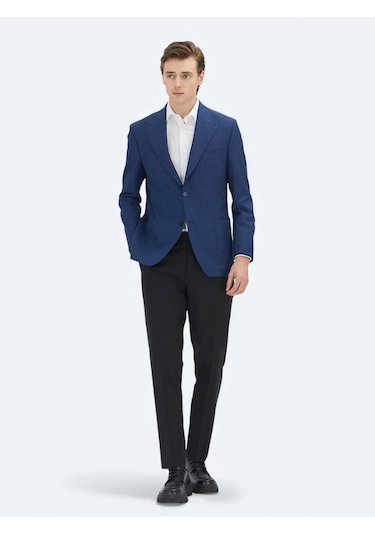 Kip Mavi Mikro Modern Fit %100 Yün Ceket Mavi