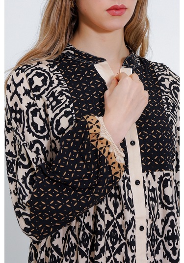 Bigdart Kadın Siyah Krem Desenli Viskon Tesettür Elbise 2423 001