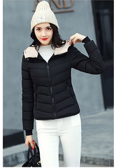 Kışlık Kapüşonlu Kısa Kadın Şişme Mont Siyah