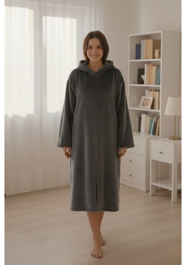 Serona Wellsoft Peluş Kapüşonlu Uzun Panço Yumuşak Dokulu Giyilebilir Tv Battaniyesi Antrasit S/m Antrasit