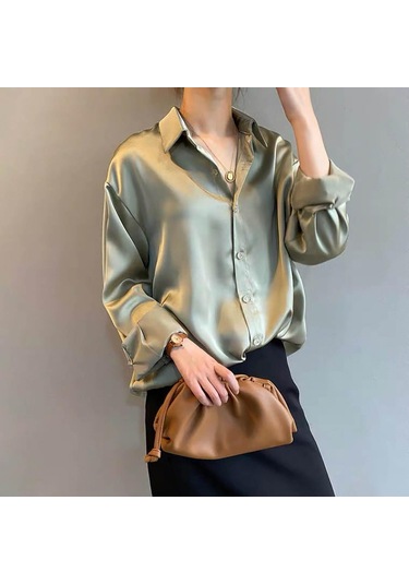 Kadın Günlük Düz Renk Düğmeli Gömlek Retro Uzun Kollu Asılı Üst Beyaz