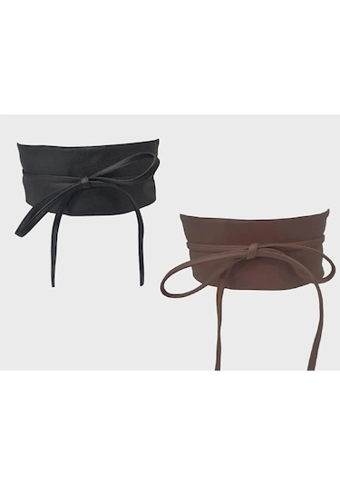 Çantachım Geniş Bağcıklı Kadın Kemeri Seti Kahverengi - Siyah