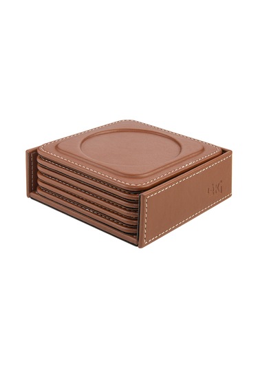 Bardak Altlığı,6 Lı Set,masaüstü Yuvarlak Cup Coaster,vegan Suni Deri,11x11 Cm.,taba Taba