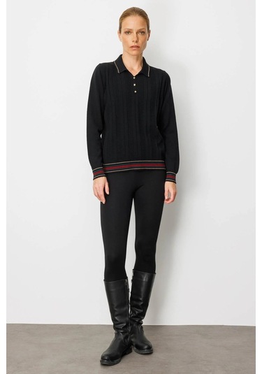 Desen Triko Polo Yaka Simli Çizgili Kadın Yün Bluz 25080d Siyah