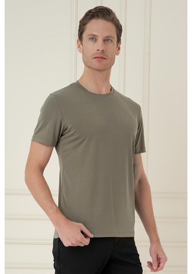 Comfort Fit Bisiklet Yaka Modal Kısa Kol Casual Haki Tişört Ts 895 Haki