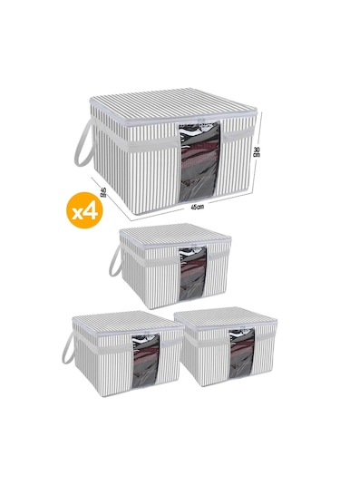 4 Adet - Pencereli Kazak Hurcu 45 X 40 X 30 Cm - Gri Halat Desen Renkli