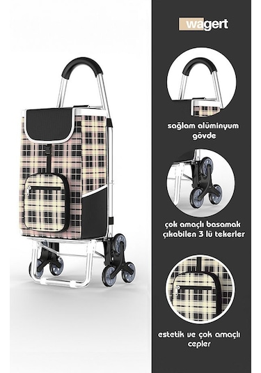 3 Tekerlekli Katlanır Desenli Alüminyum Pazar Arabası Su Geçirmez Siyah