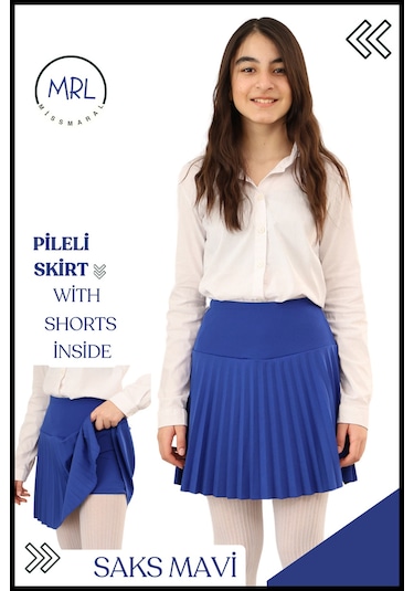 Kız Çocuk Mavi Pileli Etek Yüksek Bel Içi Şortlu Dalgıç Kumaş Okul-oyun-spor- Etkinlik 4103 Mavi