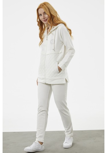 Kapüşonlu Kapitone Detaylı Eşofman Takım - Ekru 001