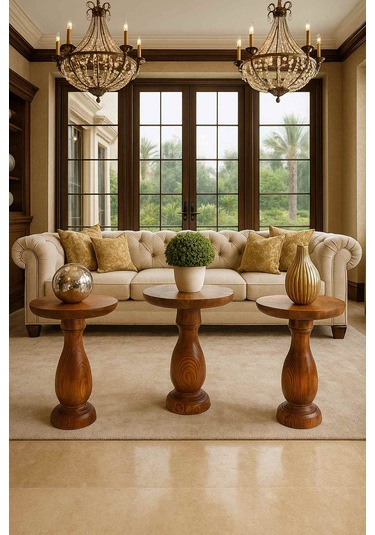 3 Lü Ahşap Mantar Sehpa Seti Meşe Renk Doğal Zigon Ve Fiskos Meşe