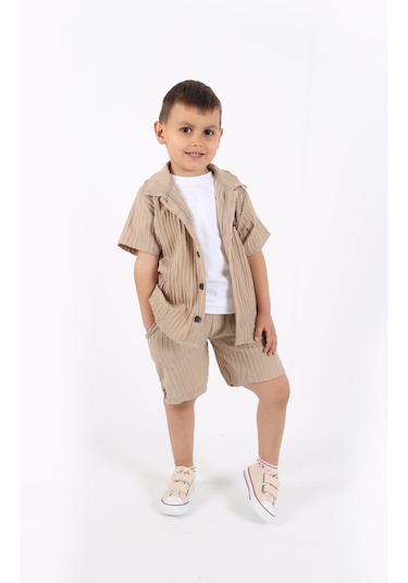 Aden Kids Erkek Çocuk Gömlek+sweatshirt Ve Cepli Şort Alt Üst Takım Bej