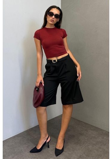 Madmext Siyah Pileli Kadın Bermuda Şort Mg2483 Siyah