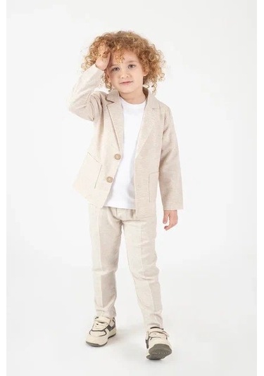 Ceketli Tişörtlü Erkek Çocuk Keten Damatlık Takım M00714 Bej