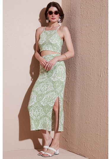 Lela Slim Fit Ip Askılı Yırtmaçlı Midi Alt-Üst Bayan Takım 5869021 Olive