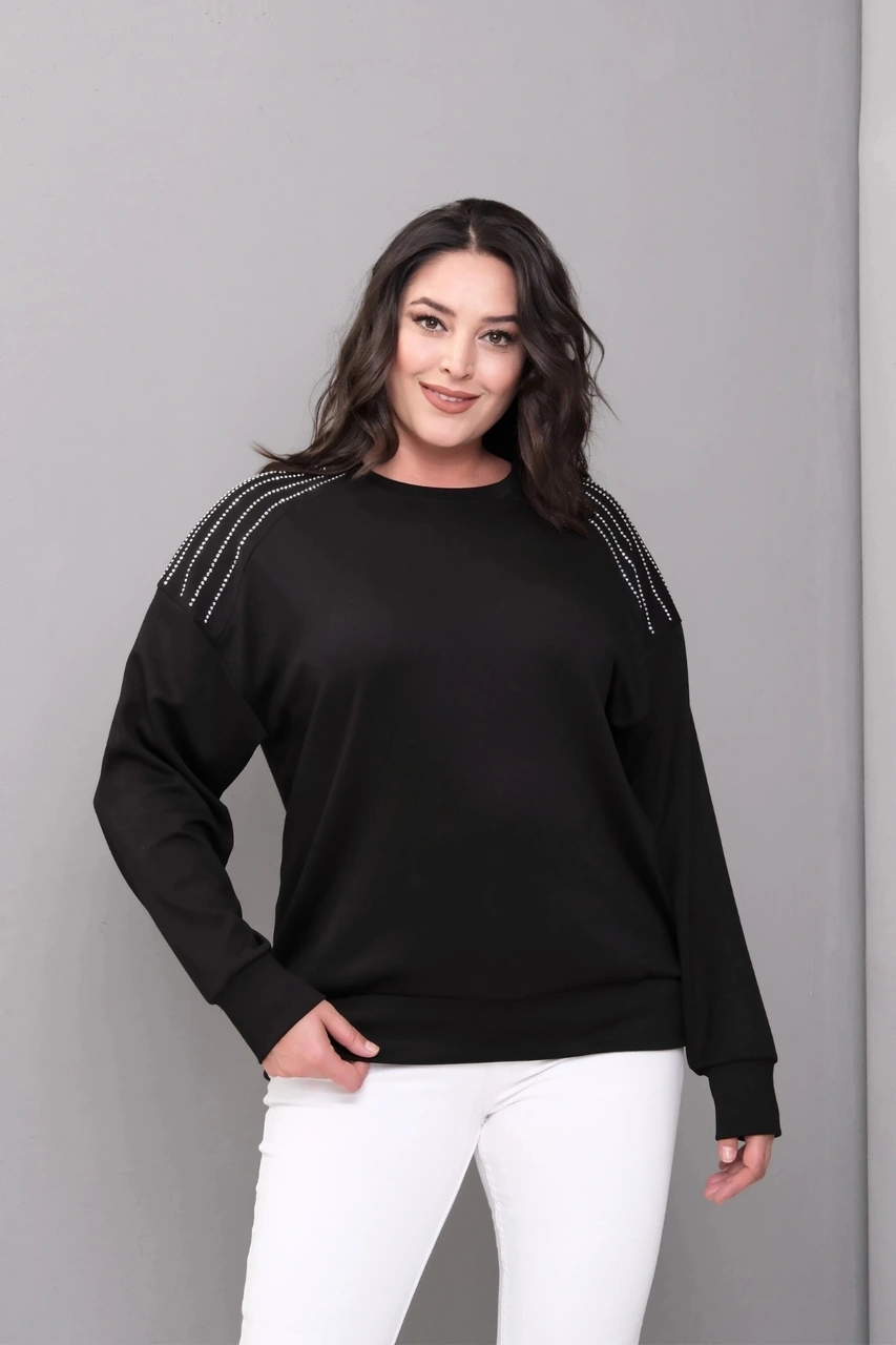Omuzlar Taş Baskılı Sweatshirt Siyah