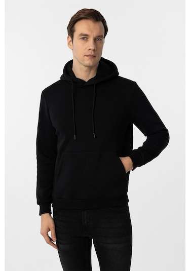Süvari Siyah Regular Düz Kapüşonlu Yaka Sweatshirt