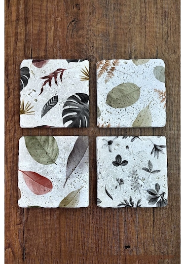 Bardak Altlığı Yaprak Desenler Baskılı Doğal Taş 4'lü Set 10x10x1 Cm Çok Renkli