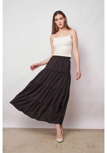 Kadın İç Göstermez Midi Boy Fırfırlı Beli Lastikli Etek -siyah Siyah