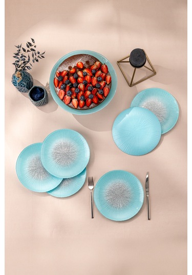 Emsan Pastel 7 Parça Cam Pasta / Tatlı Seti Mavi Mavi