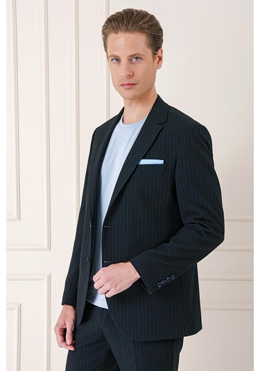 Comfort Fit Çizgili Esnek Pamuk Casual Siyah Ceket C 673 Siyah