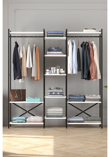 10 Raflı Metal Gardırop Metal Portmanto Açık Gardırop Elbise Dolabı Vestiyer Openix Beyaz