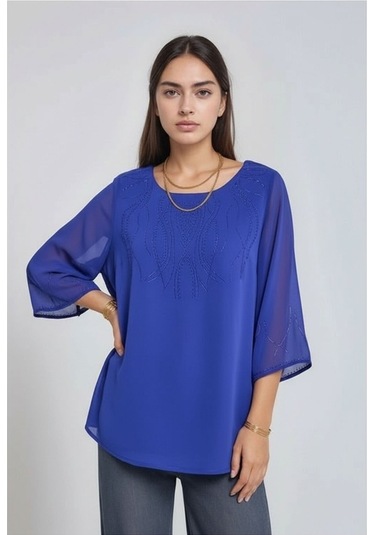Kadın Asimetrik Kesim Şifon Curve Büyük Beden Viskon Spor Şık Bluz Saks