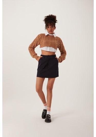 Quhox Kadın Triko Crop Sweatshirt Taba