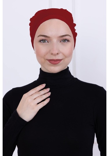 Fırfırlı Önden Dikişli Penye Bone - Kadın Tesettür Bağlamalı Topuz İç Bone-bordo Bordo