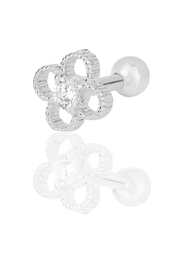 Gümüş Rodyumlu Zirkon Taşlı Yonca Modeli Tragus Helix Piercing Küpe Gümüş