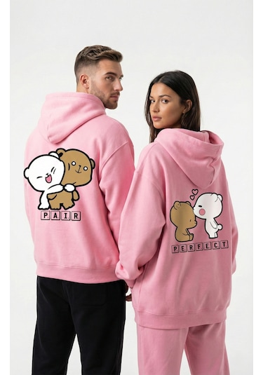 Nevermind Unisex Oversize Ayıcık Baskılı Çift Hoodie Pembe