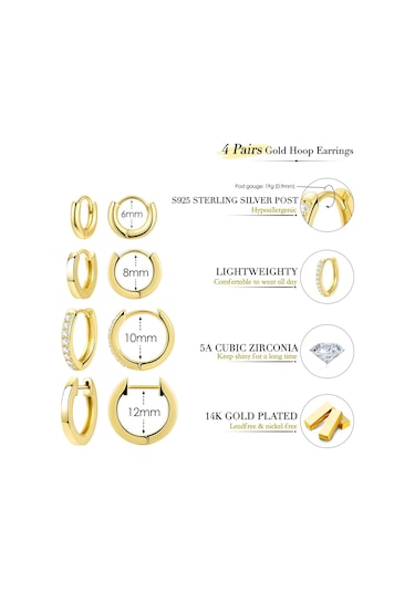 Kangvka 14k Altın Kaplama Zirkon Taşlı Kadın Küpe Seti - 4 Çift Farklı Stiller Loop Ve Stud - Günlük & Resmi Etkinlikler İçin Gold