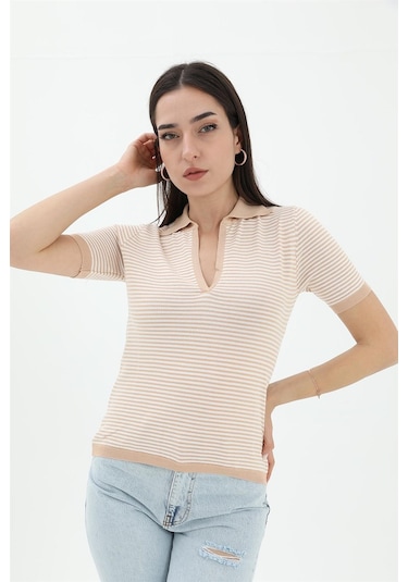 İnce Çizgili Polo Yaka Triko Kazak - Camel - Kadın Camel