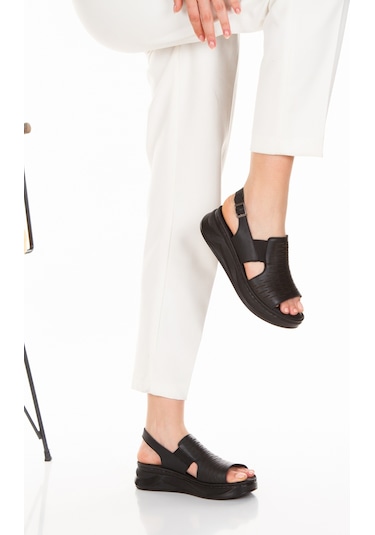 İlolica İç Dış Hakiki Deri Platform Taban Kadın Sandalet Siyah