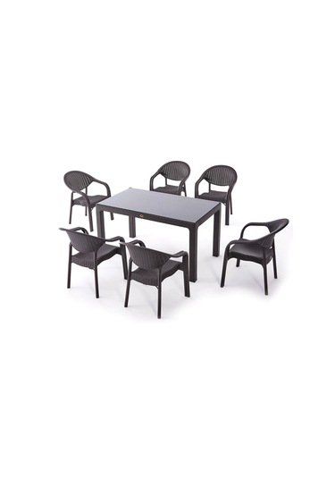 6 Kişilik 90x150 Camlı Masa Rattan 6 Adet Bambu Koltuk Acı Kahve