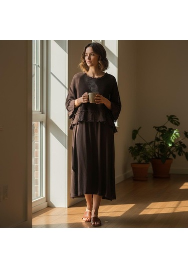 İtalyan Saçak Detaylı Müslin Keteni Yırtmaçlı Elbise - Bluz & 2'li Takım Koyu Kahve