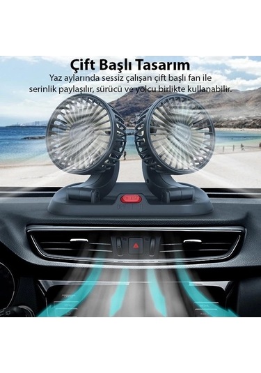 Ally F410 Usb Çift Başlıklı Araç Fanı Oto Vantilatör Fan 10w 2 Kademe Hız Ayarı