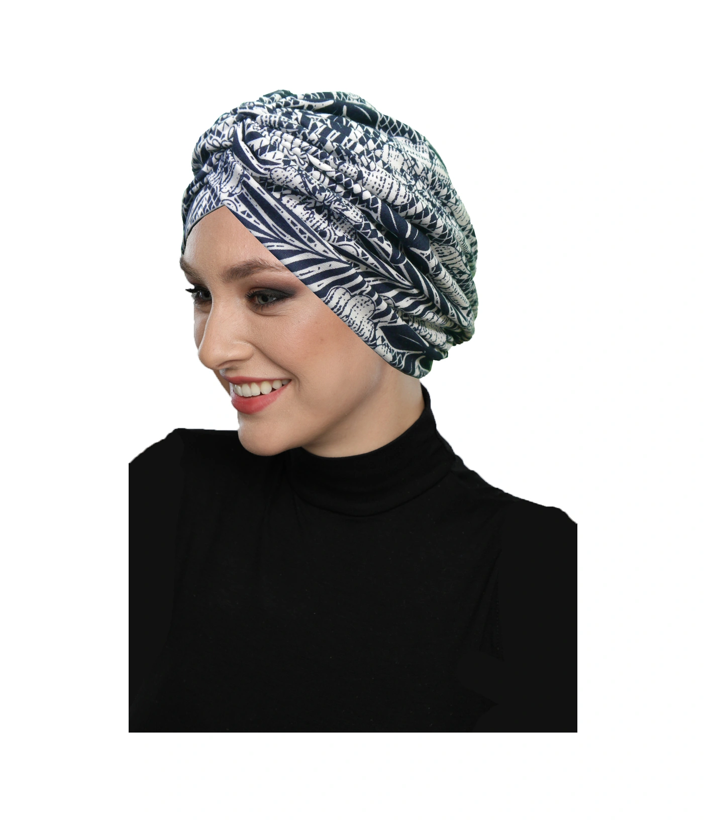 Ayışığı Çiçekleri Desenli Çapraz Ve Bant Detaylı Astarlı Hazır Türban Tesettür Havuz Bonesi Lacivert-beyaz