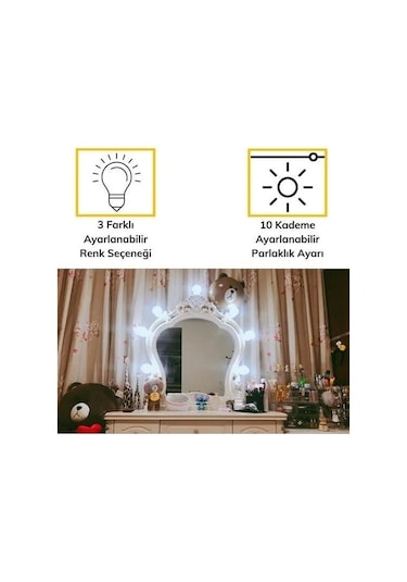 Buffer Nostalji Hollywood Tarzı 10lu Makyaj Masası Aynası Beyaz Led Işıklı Lamba Usb Renk