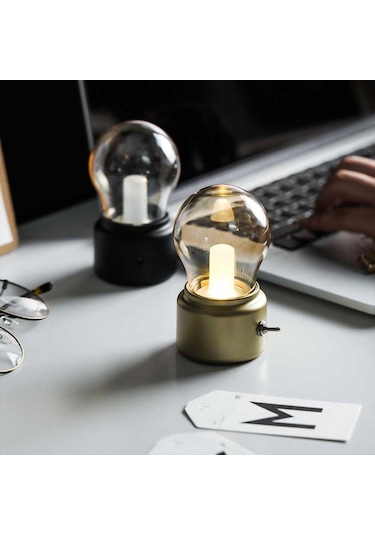 Cbtx Retro Ampul Şekli Başucu Masaüstü Led Lamba Şarj Edilebilir Abs + Cam Gece Lambası - Altın