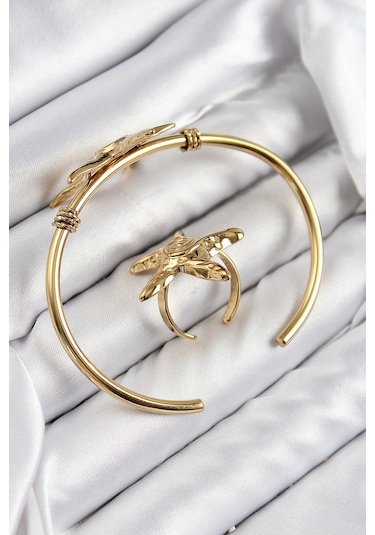 Zarif Kadın İçin Golden Pirinç Deniz Yıldızı Stil Bileklik Yüzük Seti Bakır