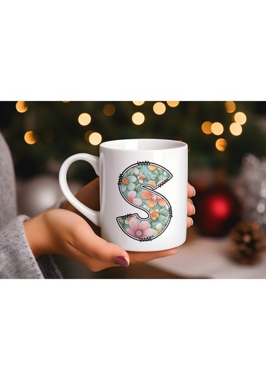 S Harfli Pastel Çiçek Desenli Kahve Kupası - Kişiye Özel Çiçekler Koleksiyonu Bardak - Hediye Beyaz