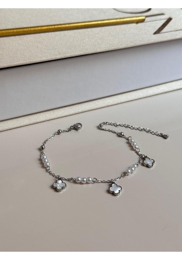 İnci Boncuklu Beyaz Çiçek Figürlü Gümüş Renk Kadın Halhal Gümüş