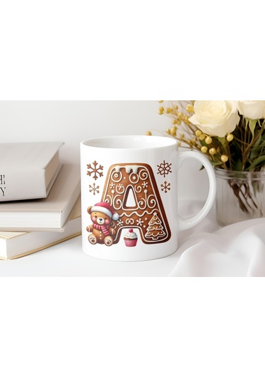 A Kurabiye Harf Ve Ayıcık Detaylı Kupa Bardak - Yeni Yıl / Yılbaşı Temalı Tasarım - Noel Hediye Beyaz