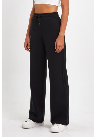 MMetalic Kadın Mevsimlik Salaş Geniş Rahat Paça Yan Cepli Siyah Eşofman Altı Siyah 001