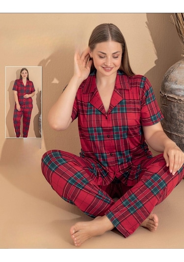 Boyraz Kadın Milan Büyük Beden Boydan Düğmeli Kısa Kol İnce Pijama Takımı 11081 - 1 Adet 001