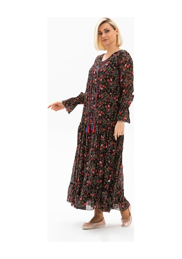 Uzun Kol Vual Gonca Uzun Elbise Tomurcuk Desen Siyah 6162-siyah Siyah