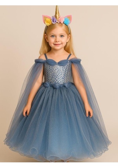Kız Çocuk Omuzları Tül Detaylı Tarlatanlı Prenses Kostümü-16064 İndigo