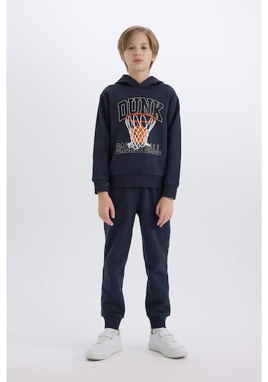DeFacto Erkek Çocuk 2'li Takım Kapüşonlu Baskılı Sweatshirt Beli Paçası Lastikli Eşofman Altı B0410A824CWAR225