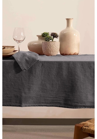 Vivamaison Yıkanmış Pamuk Keten Antrasit Renk Masa Örtüsü